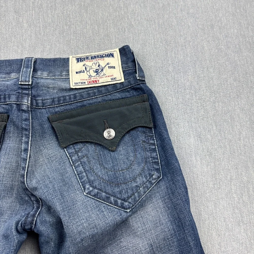 True Religion Jeans Mens 30x26 Blue Denim Skinny Flap Pocket Leather Trim Cotton